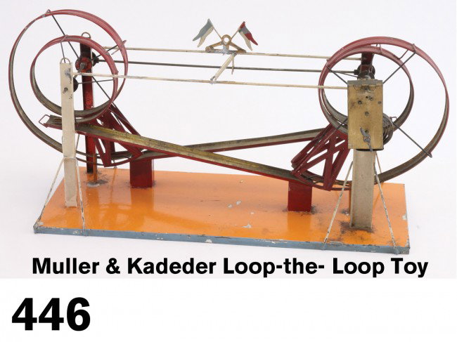 Muller & Kadeder Loop-the- Loop Toy: painted tin with clockwork mechanism, works well but no car! Size: 17" l.