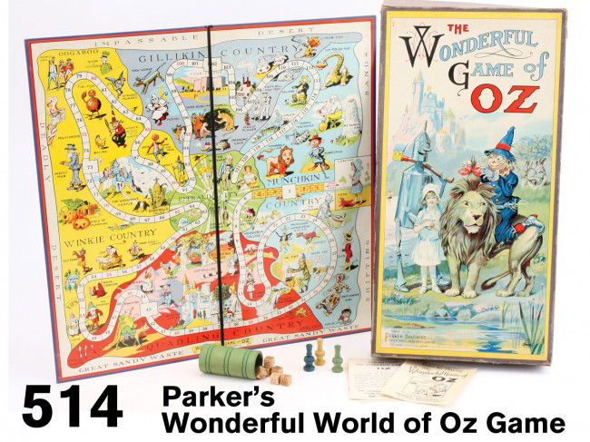 Parker Bros. Wonderful World of Oz Game: great graphics on box lid and folding board bring Oz to life, complete with instruction booklet (pages loose), 3 wooden tokens, spelling cubes and wood dice cup Size: box 19.5" x 10"