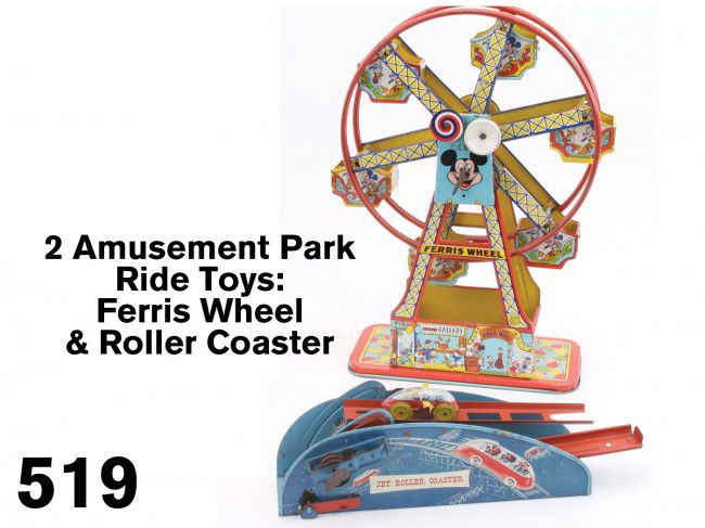 Two Amusement Park Ride Toys: Ferris Wheel & Rolle: includes Chein Disneyland Ferris wheel along with Wolverine Roller Coaster, both lithographed tin with clockwork mechanism Size: wheel 16.5" t.