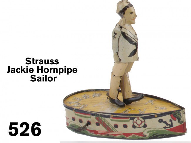 Strauss Jackie Hornpipe Sailor: unusual lithographed tin jigger toy, clockwork propels toy and animate dancer Size: 8.5" l.