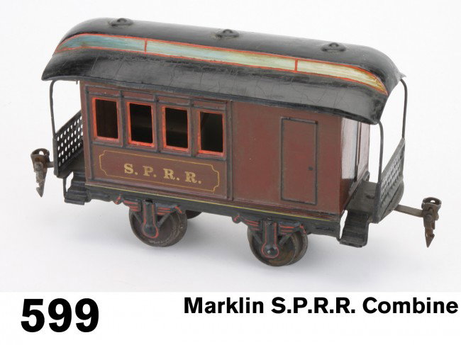 Marklin S.P.R.R. Combine: enameled tin gauge I combination luggage/passenger car with opening hinged roof, interior with bench seats in 1 half Size: 9.5" l.