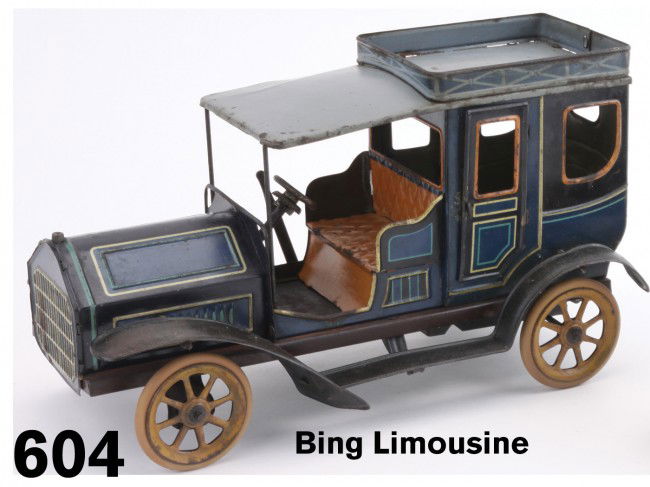 Bing Limousine: a nicely detailed clockwork powered lithographed tin town car with opening rear doors, operating steering, hand brake, and rubber tires; clockwork works well but needs a long shaft key to wind which i