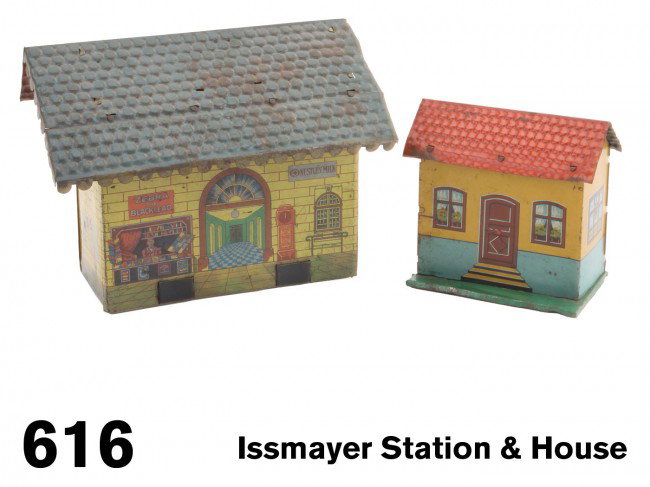 Issmayer Station & House: hand painted and lithographed tin - typical finely detailed Issmayer lithography especially on station made for English market, both have finely embossed Ôtile' roofing Size: station 9" w.