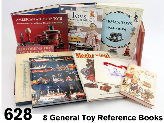 Lot: 8 General Toy Reference Books: hardback grouping includes American Antique Toys by Barenholtz, McClintock & Holland, The Art of the Tin Toy by Pressland, Mechanical Toys by Bartholomew, Toys from American Childhood by Luke, Childre