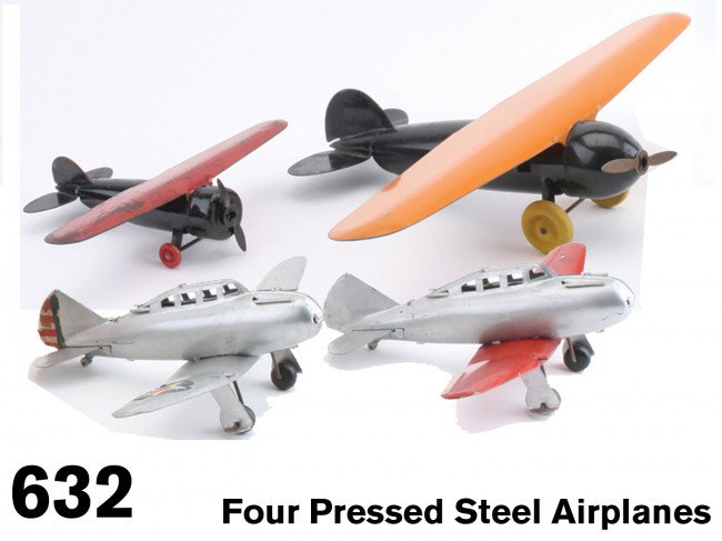 Four Pressed Steel Airplanes: includes 2 wing-over planes by Wyandotte - larger in very fine condition, smaller a bit scuffed, along with 2 fighter planes - 1 retains star decal - all have wooden wheels Size: largest 18" ws.