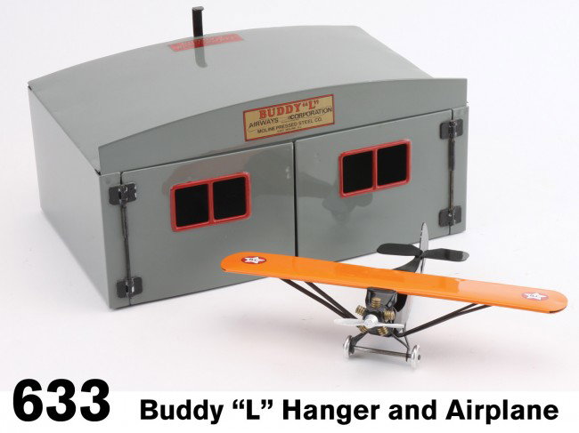 Buddy "L" Hanger and Airplane: painted pressed steel, a fairly scare Buddy "L" toy - they only made one airplane Size: hanger 12" x 8"