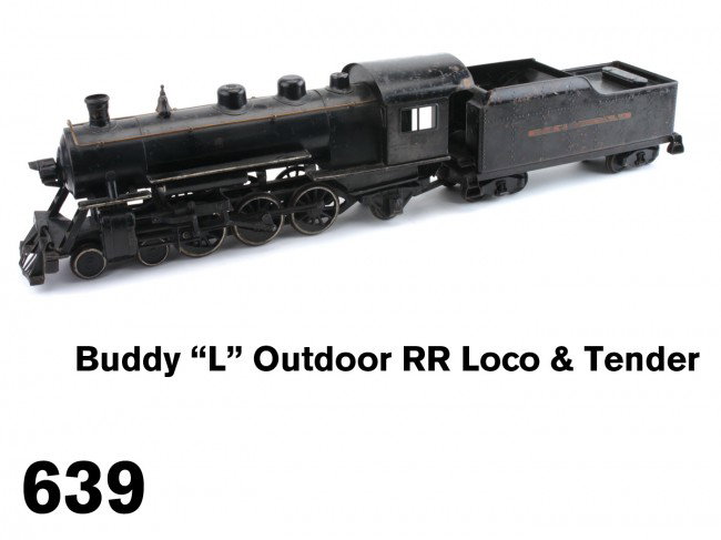 Buddy "L" Outdoor RR Loco & Tender: painted pressed steel, nice sound examples with play use of these classic outdoor toys Size: 42" l.