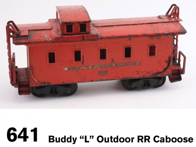 Buddy "L" Outdoor RR Caboose: painted pressed steel, a nice sound example with play use of this classic outdoor toy Size: 18" l.