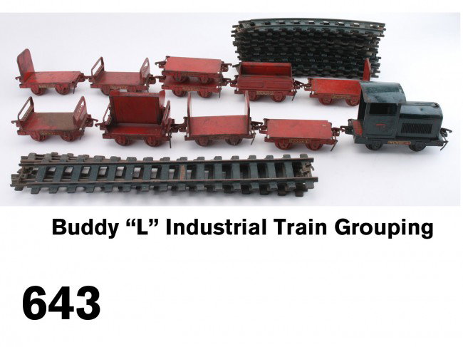 Buddy "L" Industrial Train Grouping: painted pressed steel, 11 pieces of rolling stock include locomotive, gondola/coal car, 3 flat cars, 3 rack cars (2 missing 1 upright), 3 rocker dump cars (2 missing rockers); along with 19 pieces of 