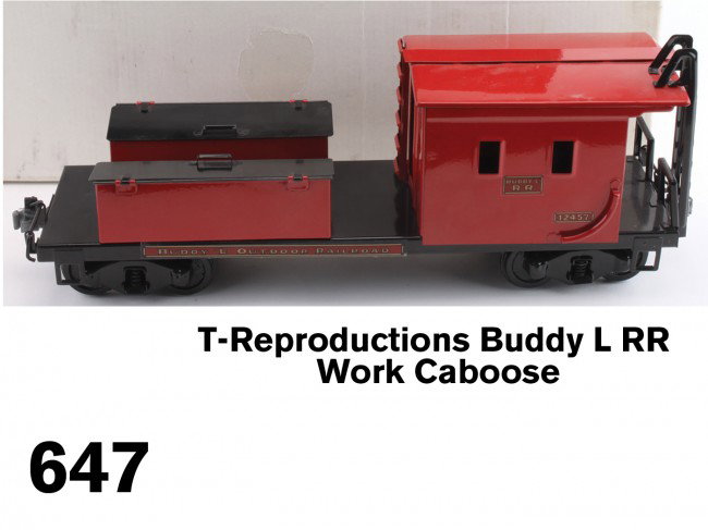 T-Reproductions Buddy L RR Work Caboose: T-Reproductions Buddy L Outdoor Railroad 2011-W work caboose in original box Size: 22" l.
