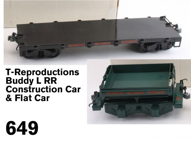 T-Reproductions Buddy L RR Construction Car & Flat: T-Reproductions Buddy L Outdoor Railroad 2009-CC construction car and flat car, both in original boxes Size: 11" l.