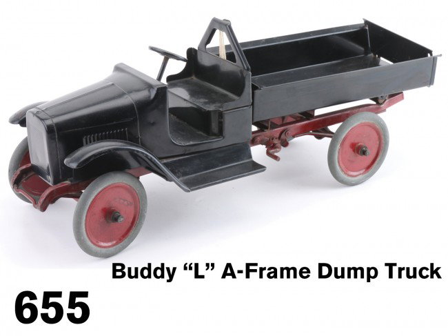 Buddy "L" A-Frame Dump Truck: painted pressed steel with aluminum disc wheel, crank operated A frame dump mechanism, a nice all original example Size: 25" l.