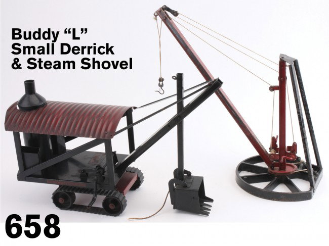 Buddy "L" Small Derrick & Steam Shovel: primarily painted pressed steel (derrick has heavy cast iron base); fully functional derrick offered along with the classic steam shovel (here outfitted with nicely fitting rubber treads Size: shovel 