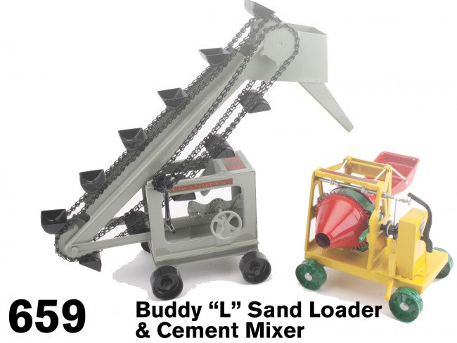 Buddy "L" Sand Loader & Cement Mixer: painted pressed steel - classic construction toys - both beautifully restored Size: 18" & 8" t
