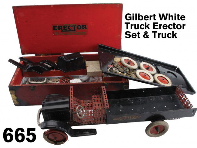 Gilbert White Truck Erector Set & Truck: red wood box Erector set with all components necessary for making their White truck - rubber tired wheels, fenders, hood, etc. - offered along with a built-up model of the White truck Size: box 22" x 