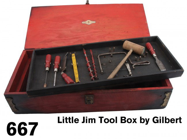 Little Jim Tool Box by Gilbert: this tool box set was made by A.C. Gilbert under contract with J. C. Penney under their proprietary "Little Jim" label, retains original decal on lid top and inside, offered with a number of tools - a