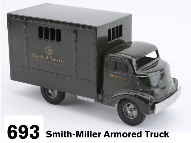 Smith-Miller Armored Truck: pressed steel and diecast metal, a nice example with strong "Bank of America" decals Size: 13.5" l.