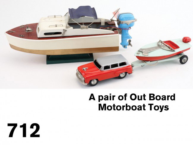 A pair of Out Board Motorboat Toys: painted wood powerboat with battery operated motor along with a small tin friction powered station wagon hauling a boat on a trailer - box Japanese manufacture circa 1950 Size: 13" & 11" l.