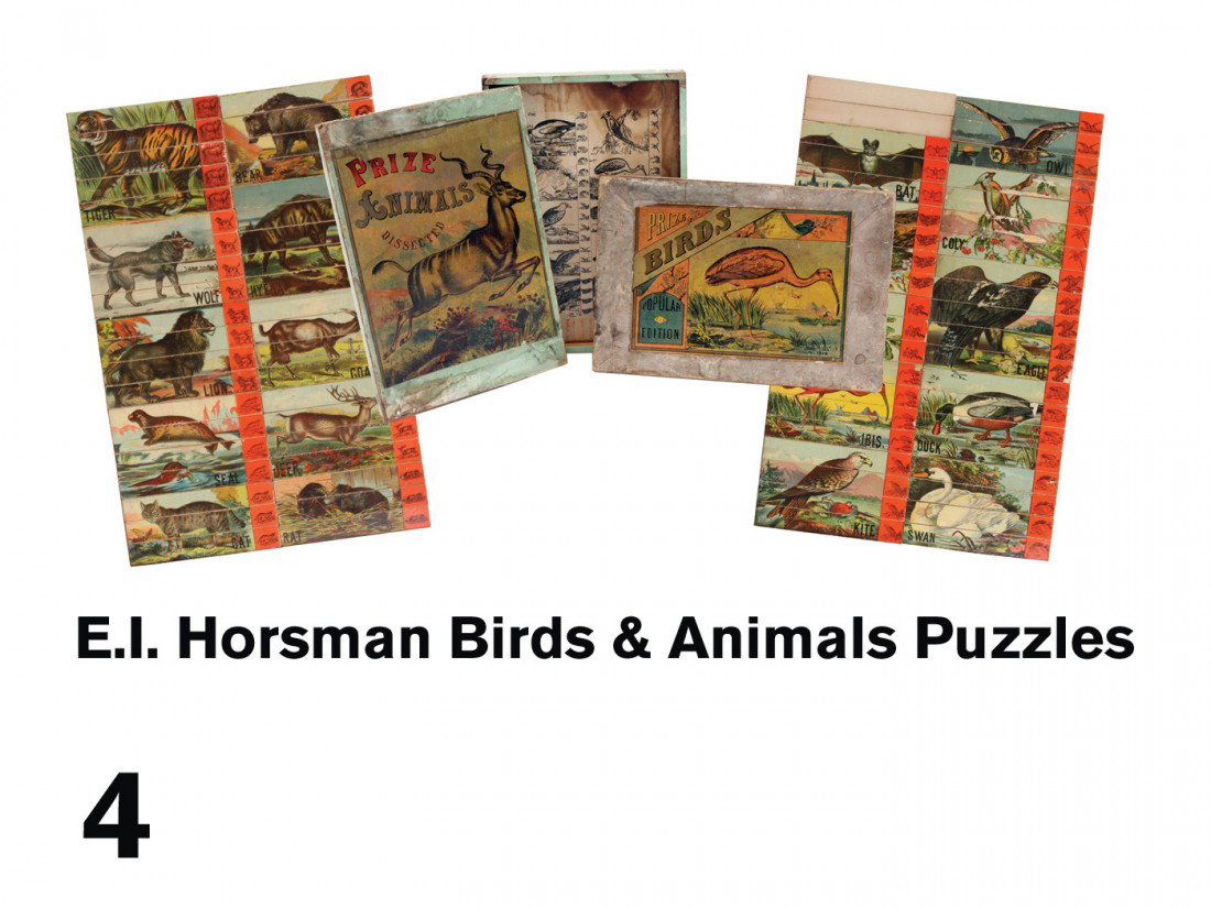 E.I. Horsman Birds & Animals Puzzles: lithographed paper on wood dissected puzzle strips in paper covered wood boxes with colorful labels-"Prize Birds, Popular Edition" and "Prize Animals, Dissected"; each 40 strip set creates 10 images- 