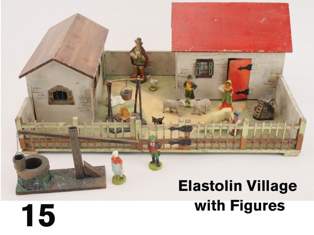 Elastolin Village with Figures: 2 painted wood buildings on platform with fence, well, fire pit and several painted composition figures and animals-shepherd, milk maid, sheep etc.; most marked Germany 21" x 8.75" x 13"