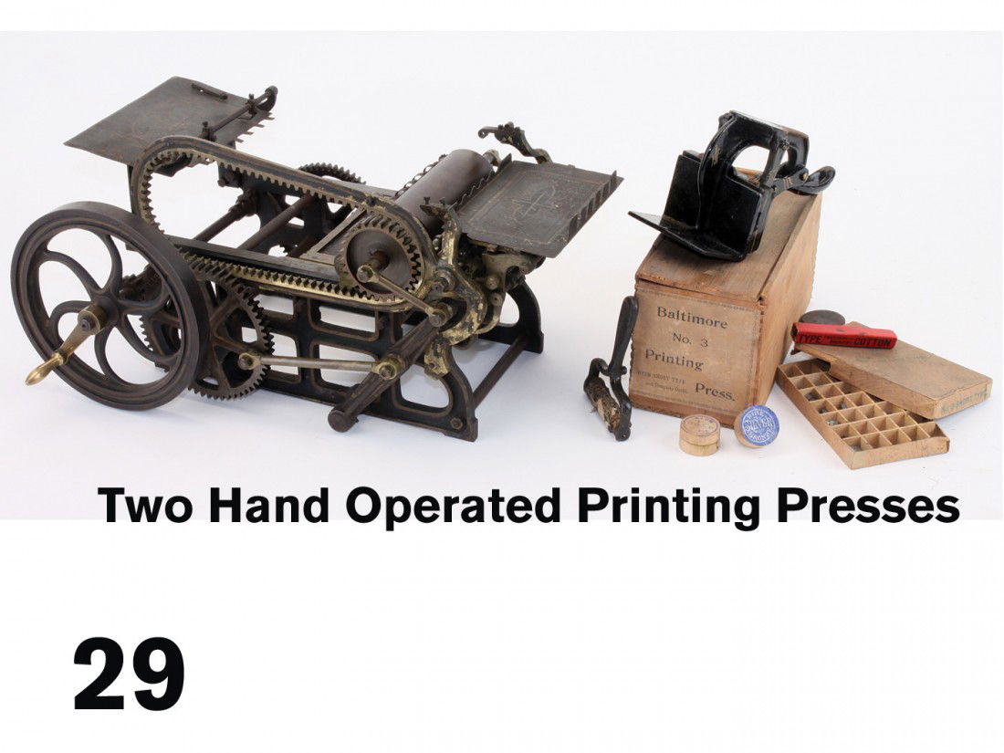 Two Hand Operated Printing Presses: included is a very complex crank operated geared printing press of painted cast iron and brass with painted tin paper shelves, unmarked as to maker; the complexity of the construction and operation su
