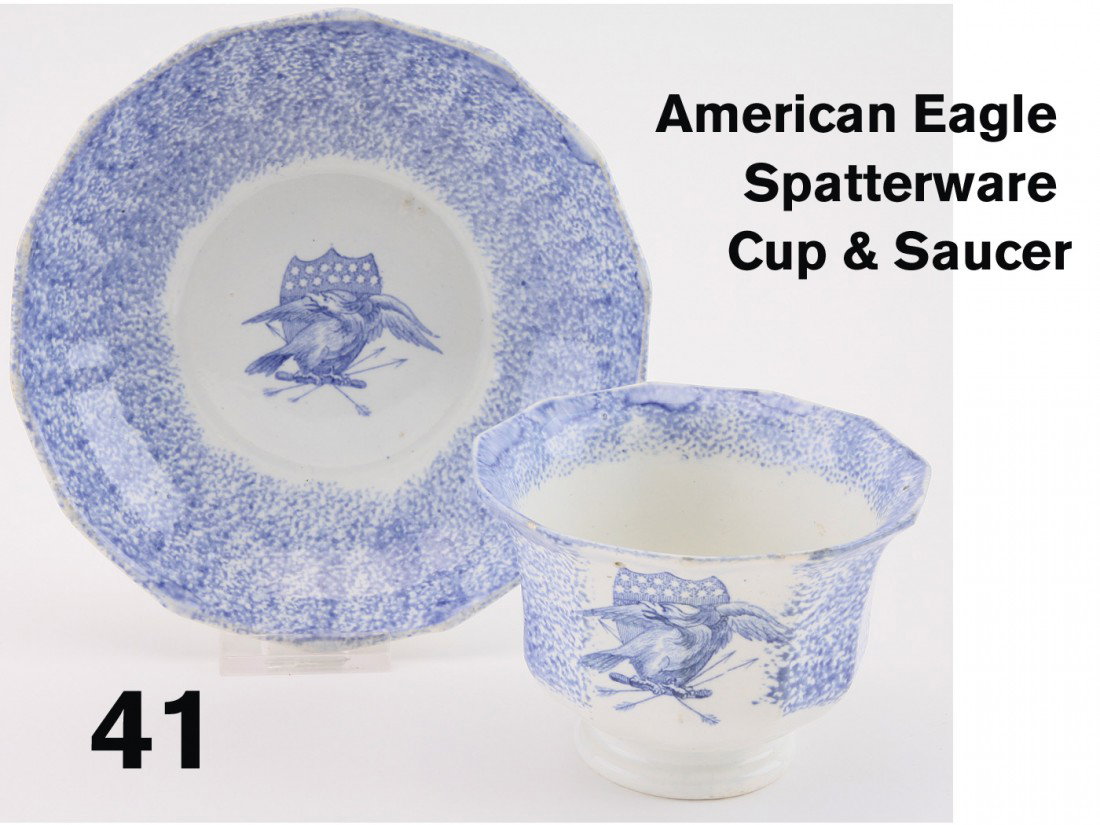 American Eagle Spatterware Cup & Saucer: 19th century transfer decorated ironstone with Great Shield and American eagle emblem; saucer 5.75" diam.