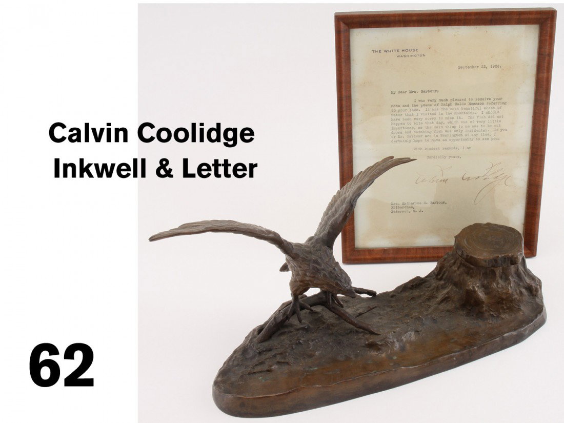 Calvin Coolidge Inkwell & Letter: circa early 20th century, beautifully cast bronze relief of eagle on twig by stream and tree stump. This piece of history was the inventory of the famed White Birches Lodge on Follensby Pond built in 