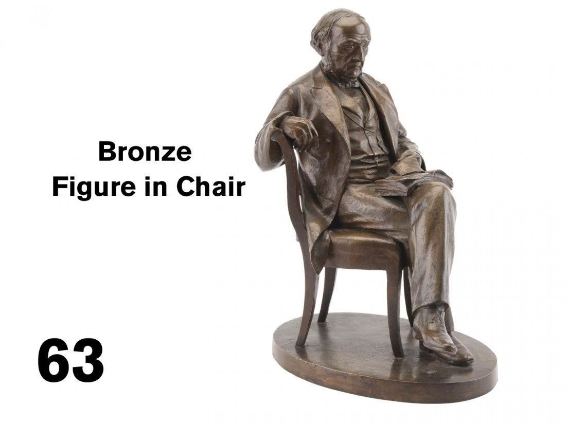 Bronze Figure in Chair: nicely detailed hollowcast image of late 19th century gentleman with mutton chops seated in period open back chair on oval base; engraved on base 'Dante (unreadable) 1894'; 13" x 9" base, 18.5" t. 26