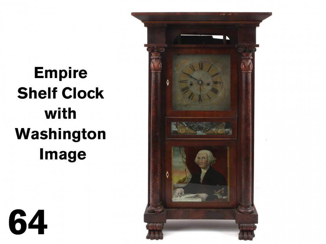 Empire Shelf Clock with Washington Image: PLEASE NOTE ; THE WASHINGTON IMAGE IS NOT PAINTED, BUT IS A N EARLY CHROMOLITHOGRAPHED IMAGE THAT GIVES THE APPEARANCE OF REVERSE PAINTED GLASS Marshall & Adams, Seneca Falls, NY; Mahogany case with f