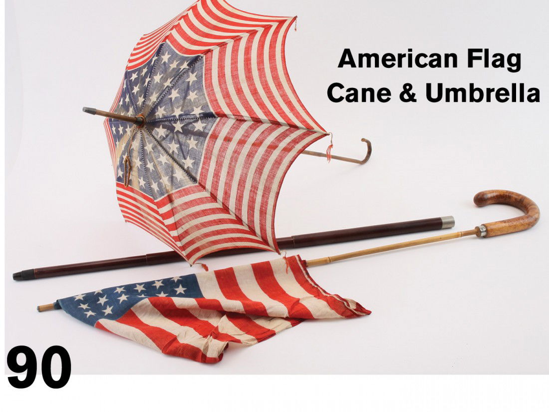 American Flag Cane & Umbrella: two 48 star flags-one concealed in faux wood cylinder of handled cane and other as printed linen umbrella (written date June 6, 1917 on underside) cane 37" l., umbrella 21" diam