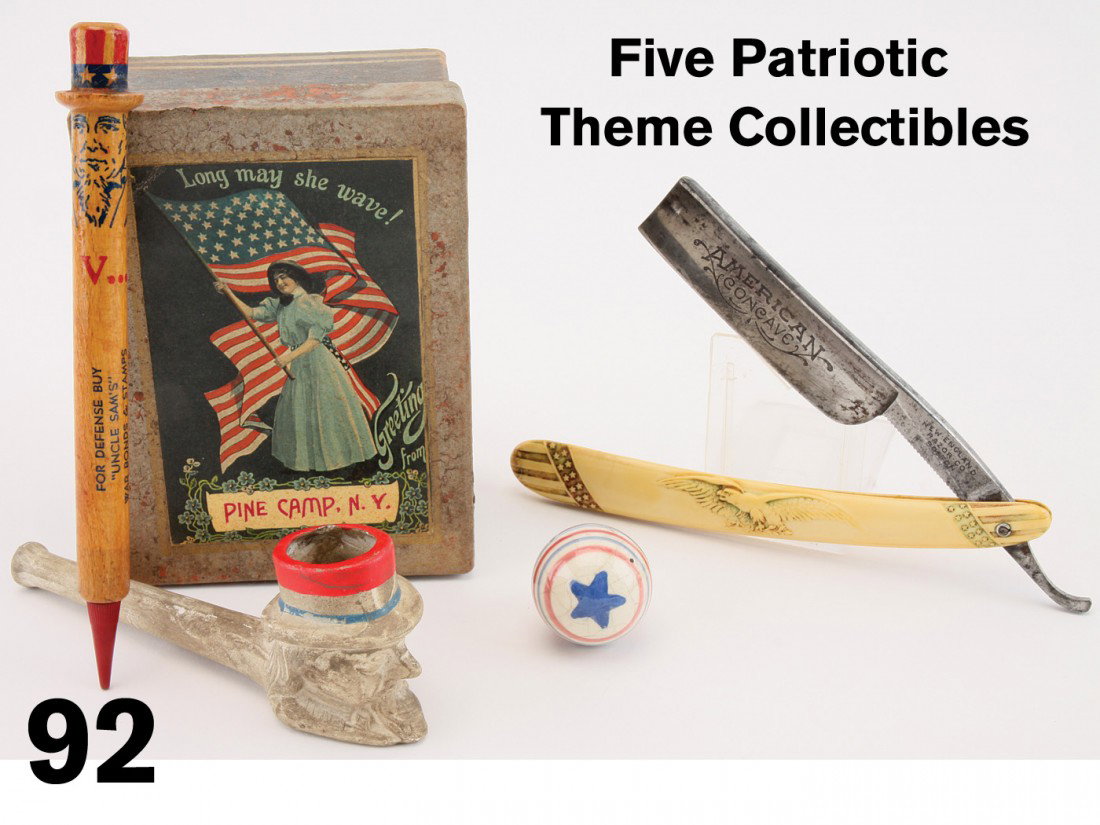 Five Patriotic Theme Collectibles: included are a clay pipe with Uncle Same face, glazed ceramic red, white and blue marble, American concave straight edge razor with Bakelite handle, War Bonds pencil, and a painted paper covered cardb