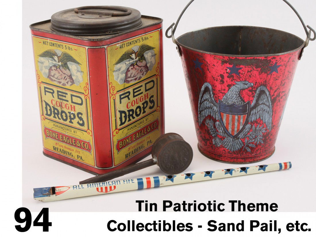 Tin Patriotic Theme Collectibles - Sand Pail, etc.: lithographed and painted tin grouping includes Red Cough Drops tin with American eagle imagery, Ohio Art stained tin sand pail with eagle & shield, 'All American Fife' flute and ABC rattle 'For a good