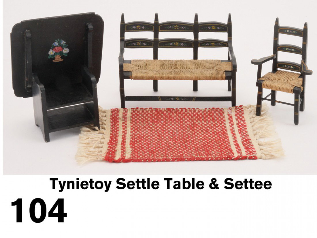Tynietoy Settle Table & Settee: painted wood furniture grouping includes convertible table/chair and rush seat settee and arm chair with woven rug settee 5.25" l.