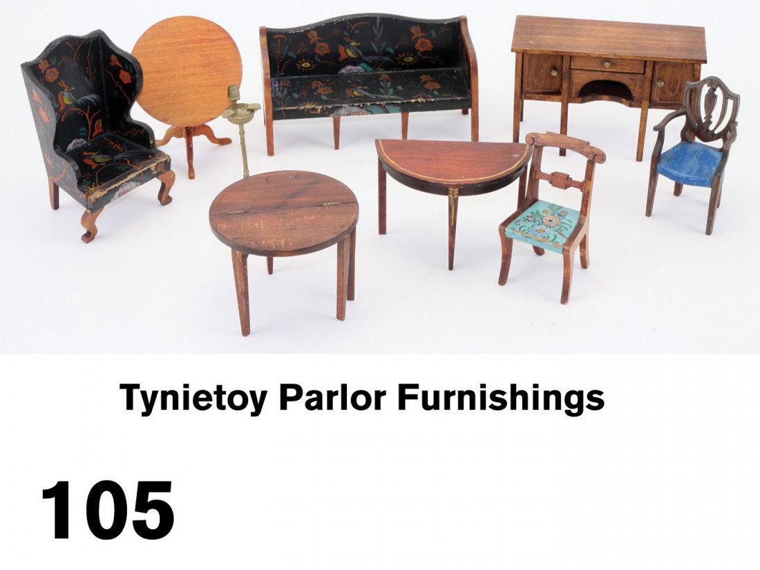 Tynietoy Parlor Furnishings: stained and painted wood grouping includes Sheraton settee and matching wing back chair (both with some edge wear on seats), Mt. Vernon tilt top table (1 replaced leg), half moon hall table, Hepplewhi