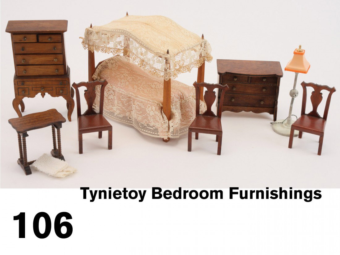 Tynietoy Bedroom Furnishings: stained wood grouping includes 4 poster canopy bed with lace and satin (replaced) bedding), Georgian highboy (a few small areas of typical uneven varnish), Empire dresser with original paper label, 3 