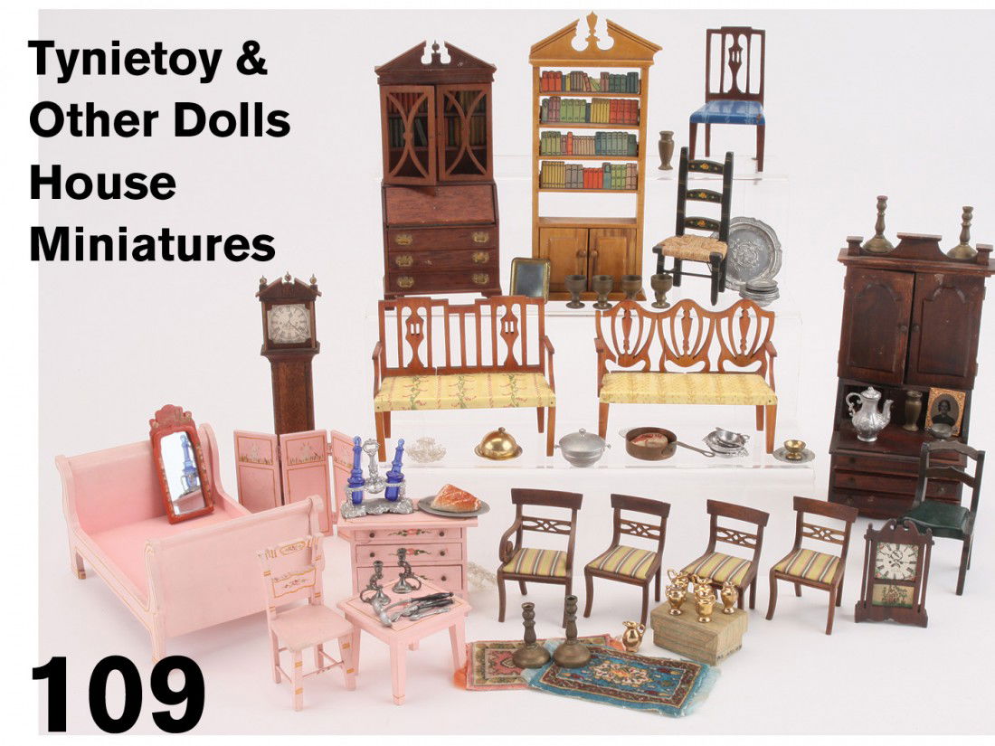 Tynietoy & Other Dolls House Miniatures: included are a pink bedroom suite, 2 settees (some separated parts need repair), ladder back chair, bookcase, 2 secretaries along with 2 Trophy Cigarette Original Rugs and various brass and soft metal