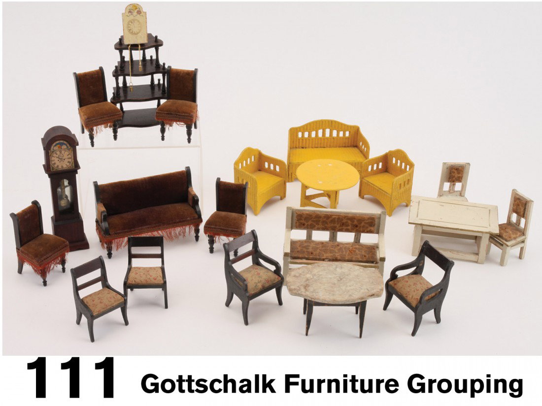 Gottschalk Furniture Grouping: painted and stained wood group includes pressed board 4 piece wicker set, parlor suite with sofa, 4 side chairs, marble top table, etagere, grandfather clock, kitchen set with table, bench, 2 side cha