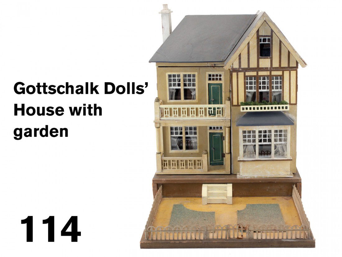 Gottschalk Dolls' House with garden: painted wood 4 room split front opening house with fenced slide out garden plat; nice interior details include window moldings, staircase with closet underneath, net curtains on ball finial rods(new)