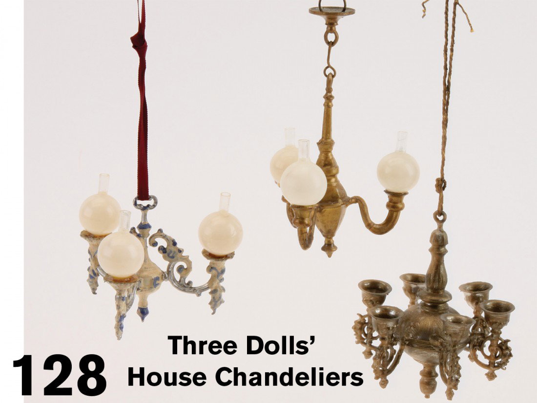 Three Dolls' House Chandeliers: German painted and gilded soft metal lighting group includes 6 arm chandelier and 2 three arm kerosine styled fixtures by Schweitzer;appr. 2.5" w. ea.