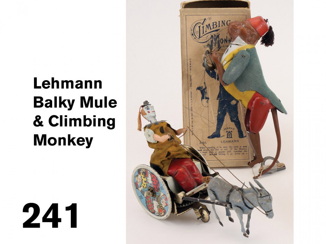 Lehmann Balky Mule & Climbing Monkey: lithographed and painted tin, clockwork, one of Lehmann's most popular toys along with painted tin climbing monkey in box (box lid missing top and side aprons); 7.5" l.