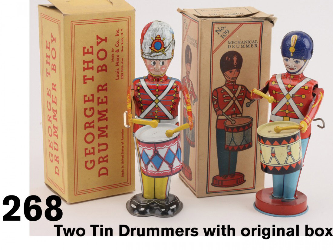 Two Tin Drummers with original box: lithographed tin clockwork toys-Marx George The Drummer Boy and J. Chein No. 109 mechanical Drummer;toys appr. 8.75" t. ea.