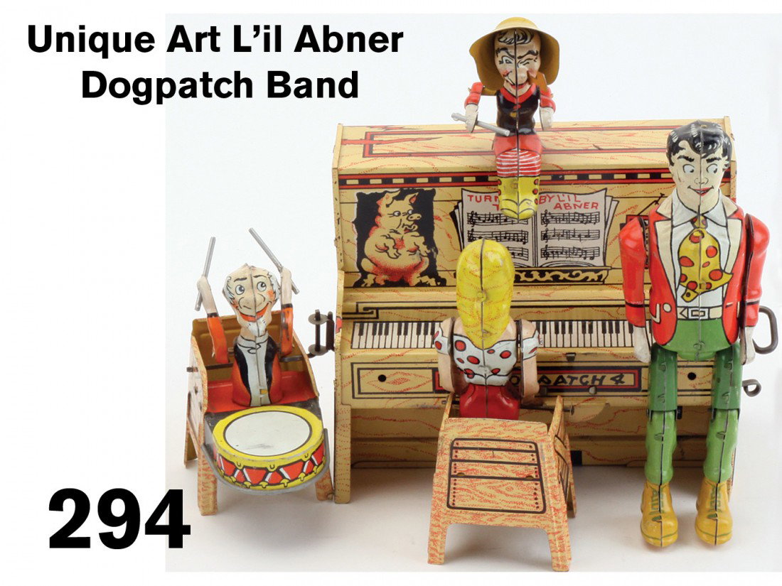 Unique Art L'il Abner Dogpatch Band: lithographed tin clockwork, classic American comic character toy, fully functional with great color; 8" t.