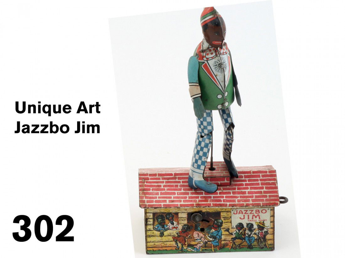 Unique Art Jazzbo Jim: lithographed tin clockwork, classic American dancer toy;10.5" t.