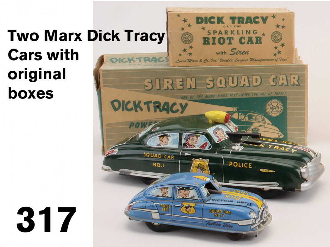 Two Marx Dick Tracy Cars with original boxes: lithographed tin friction drive cars with boxes-Dick Tracy Siren Squad Car and Sparkling Riot Car (not sparkling);11.5" l. and 6.75" l.