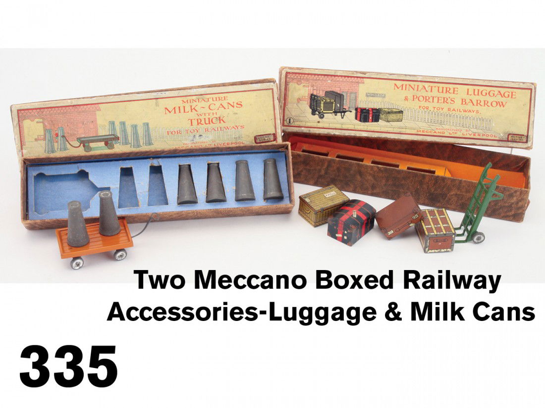 Two Meccano Boxed Railway Accessories-Luggage & Mi: Hornby series, lithographed and painted tin platform accessories in original boxes: 4 pieces luggage with hand truck and milk cart with 6 cans;boxes 8" l.