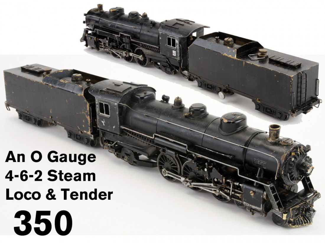 An O Gauge 4-6-2 Steam Loco & Tender: American steam profile spirit fueled engine embossed NEFF on sides and oil tender with two 4 wheel trucks; maker unknown;22" l.