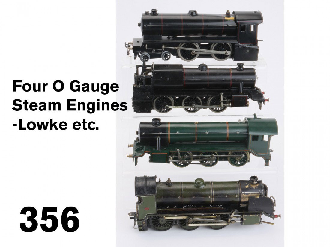 Four O Gauge Steam Engines-Lowke etc.: European profile live steam engines-Bassett Lowke 4-4-0 engine (dent on boiler, cab bent), Southern Railways 456 ÒSir Galahad, King Arthur ClassÓ loco (missing front truck, burn marks), Lowke 42980