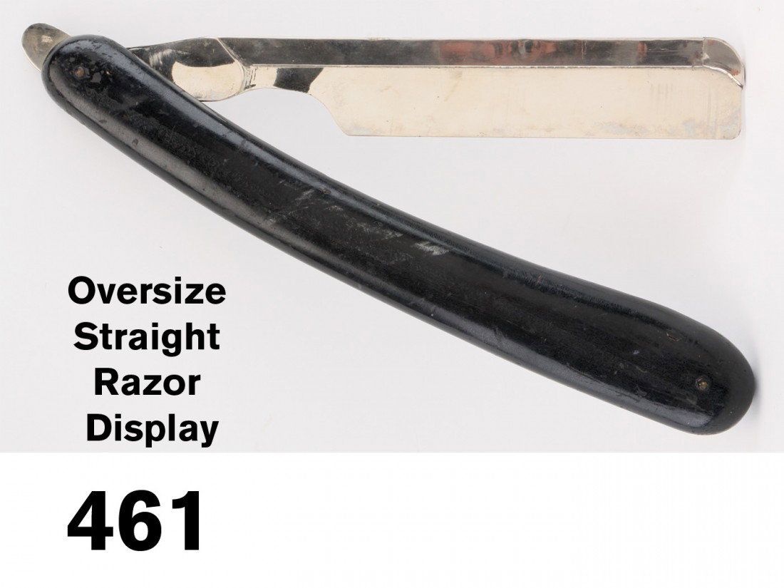 Oversize Straight Razor Display: finely crafted ebonized wood handle with chrome plated 4 part sheet metal blade, probably used as a window display 18" l. closed