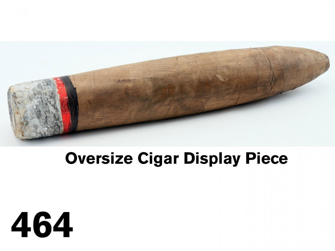 Oversize Cigar Display Piece: rolled paper with painted surface to indicate a lit cigar with ash, clever display piece 20" l.