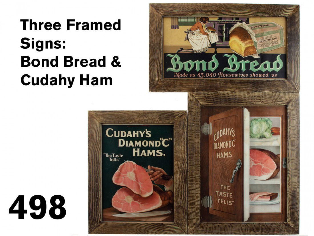 Three Framed Signs: Bond Bread & Cudahy Ham: colorfully lithographed cardboard signs, circa 1920, includes Bond Bread with woman in kitchen, realistic image of open ice box with ham inside, and a succulent image of a nice big slab of ham held al